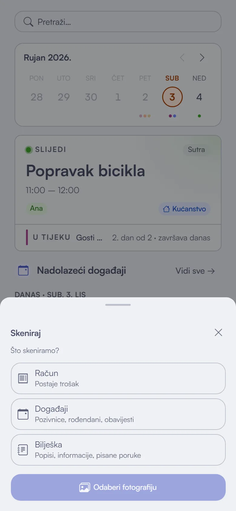 Prozor Skeniraj na mobitelu, s pitanjem što skeniramo: račun, događaje ili bilješku.