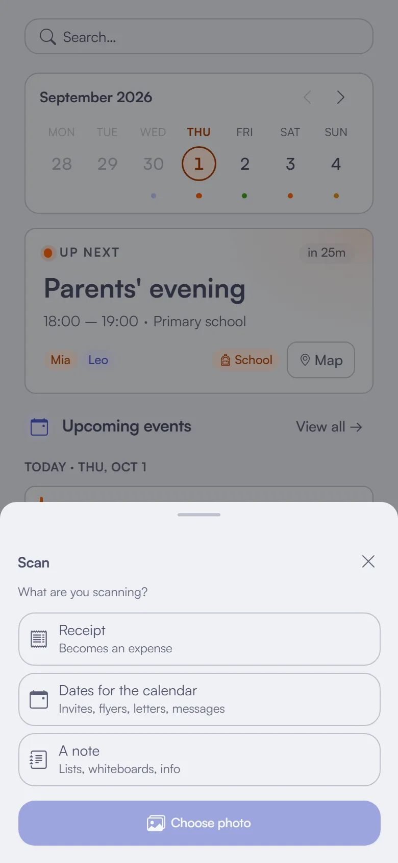 The Scan sheet on a phone, asking what you're scanning: a receipt, dates for the calendar, or a note.