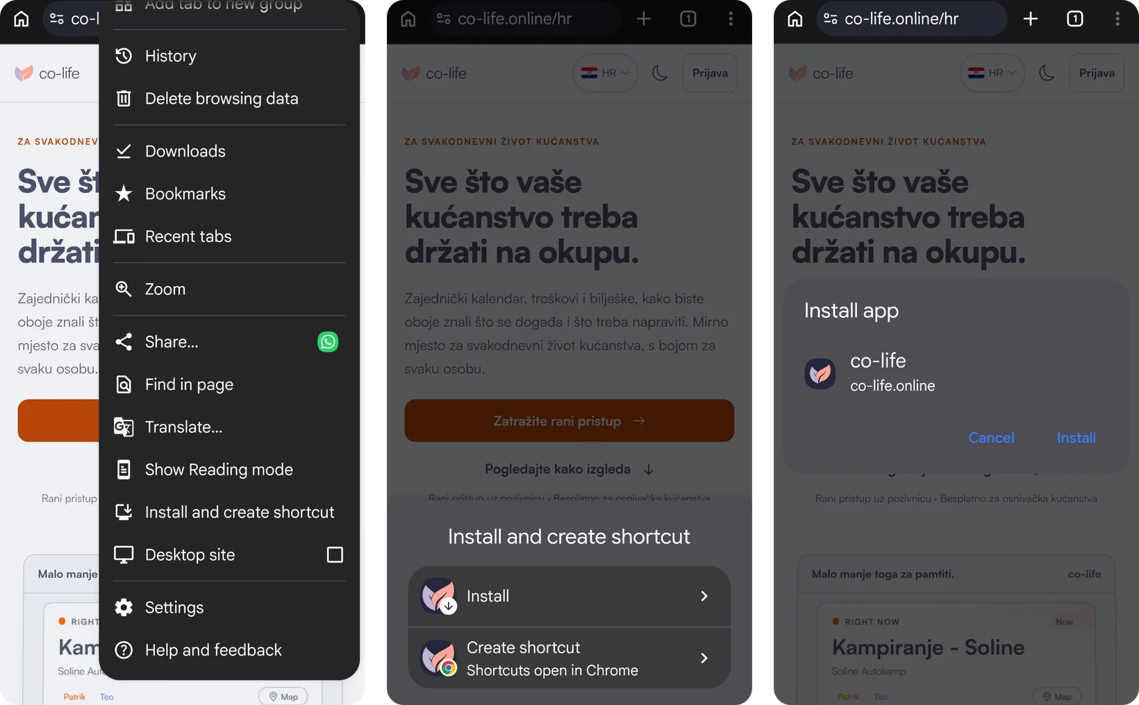 Chrome na Androidu u tri koraka: izbornik ⋮ s opcijom „Install and create shortcut", izbor između Install i Create shortcut te potvrda „Install app" za co-life
