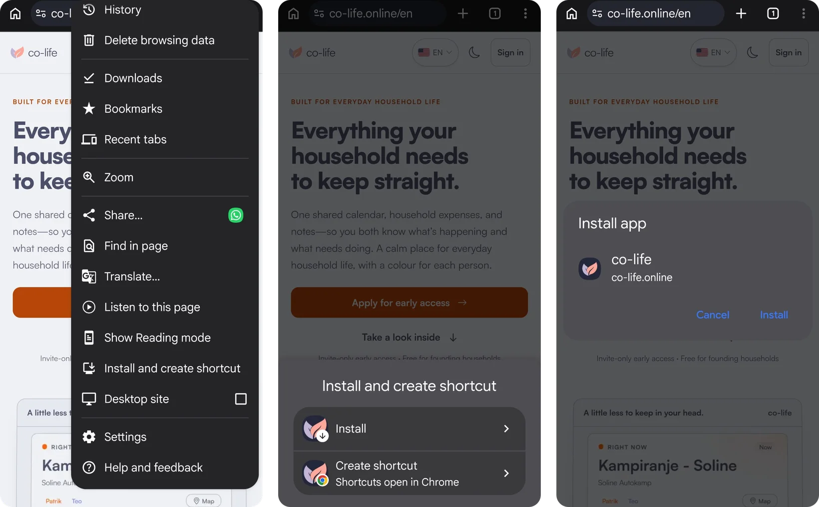 Chrome on Android, in three steps: the ⋮ menu with "Install and create shortcut", the choice between Install and Create shortcut, and the "Install app" confirmation for co-life