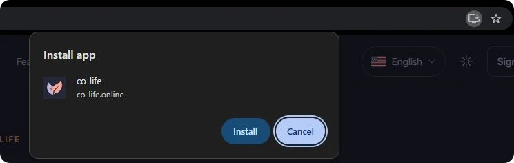 Chrome on a computer: the install icon at the right of the address bar, and the "Install app" box for co-life with its Install button