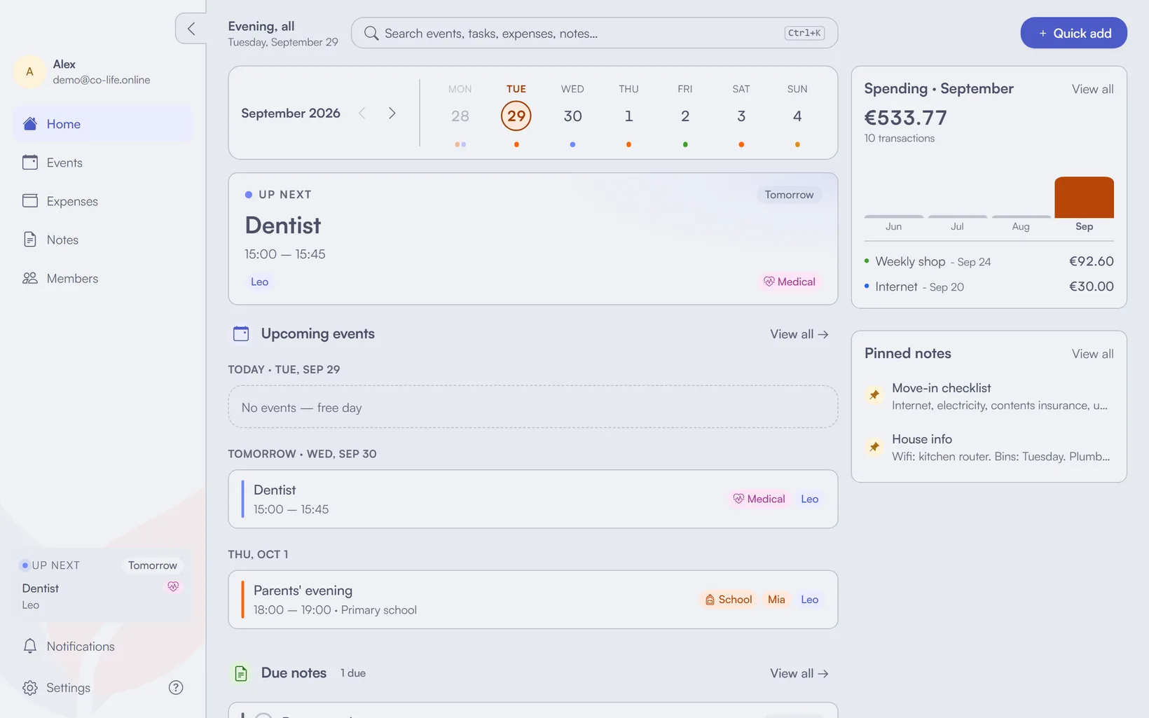 The co-life dashboard, which is what opens when you click or tap the installed icon