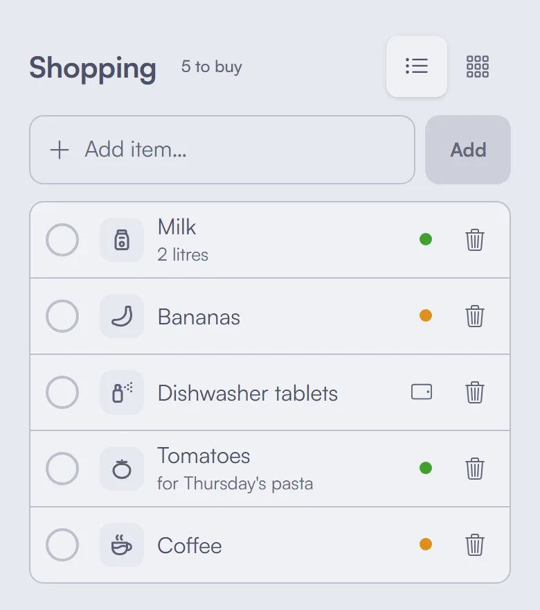 A shopping list on a phone: milk with "2 litres" underneath, bananas, dishwasher tablets added from the kitchen screen, tomatoes "for Thursday's pasta", and coffee, each with a coloured dot for who added it.