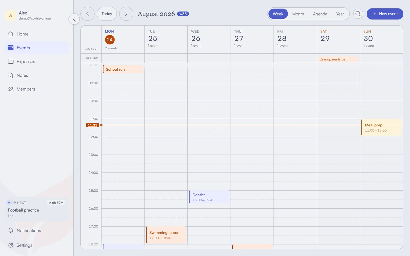 A shared household calendar and dashboard showing colour-coded plans for each person