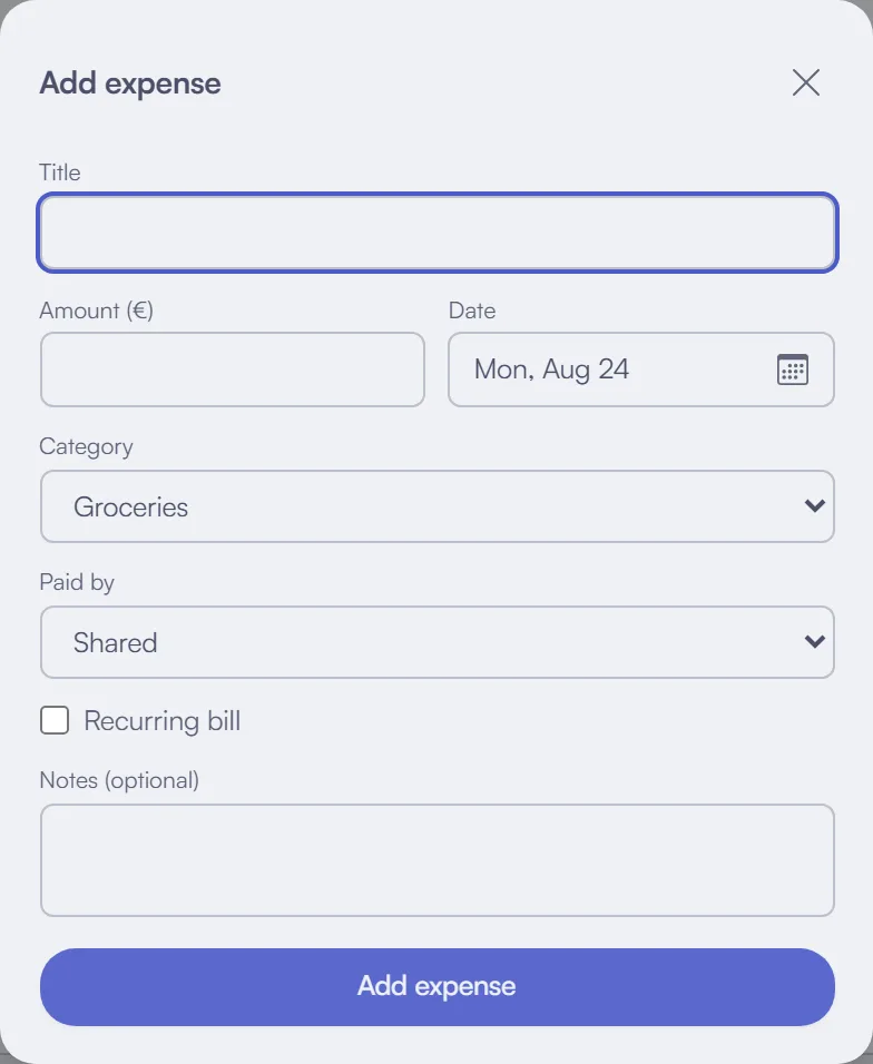 Adding a shared expense, with a "Paid by" selector to tag who paid for it.