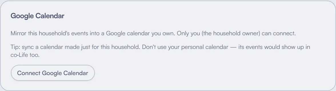 Connecting a Google account for two-way calendar sync.