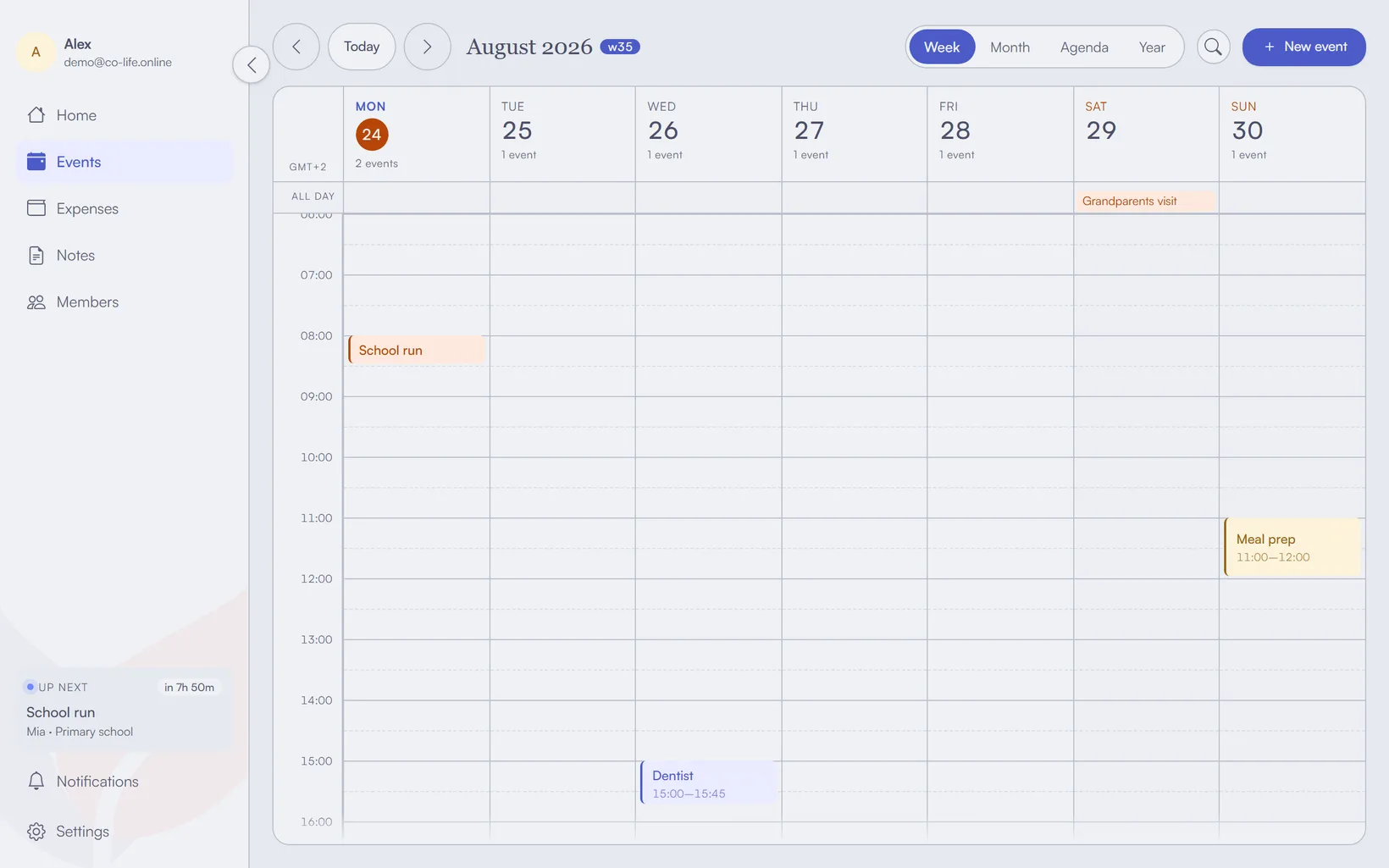 A single shared household calendar, one week in view, with colour-coded events for each person.