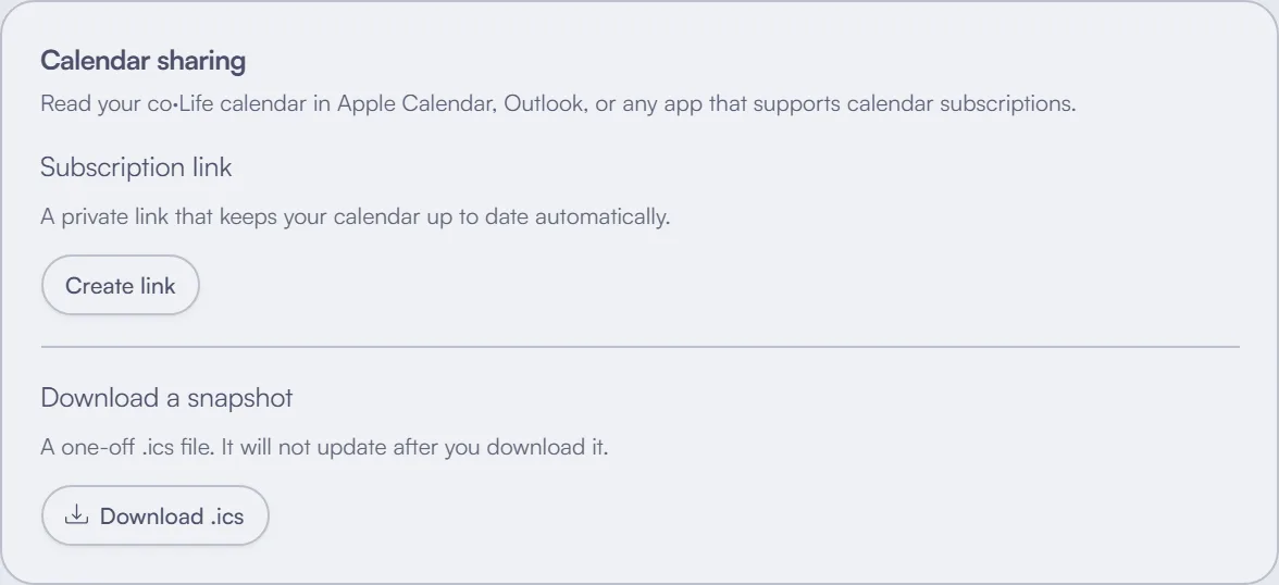 The private calendar feed link to subscribe from Apple Calendar or Outlook.