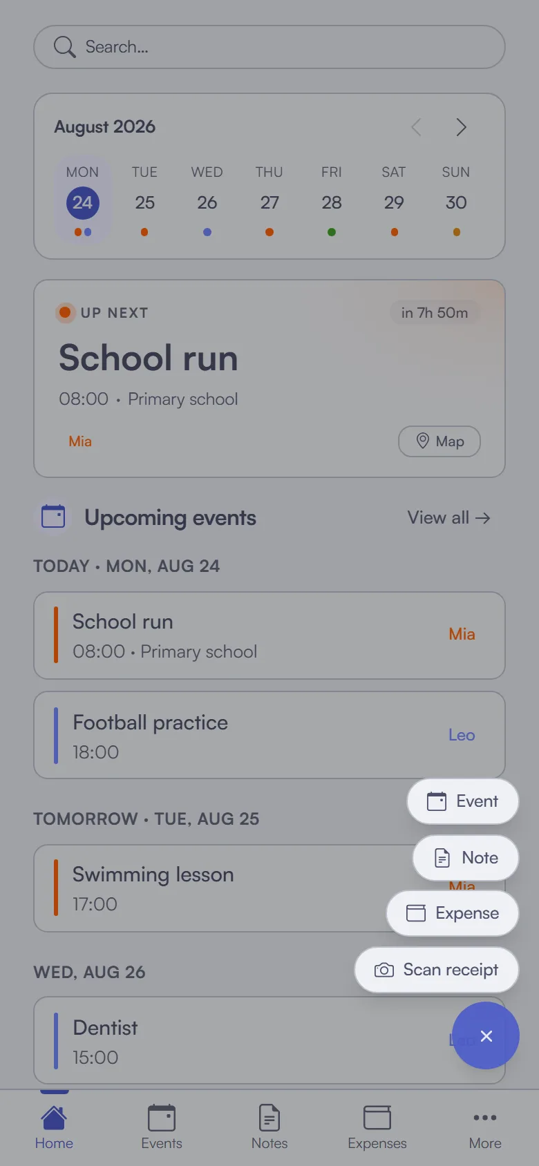 The quick-add menu on a phone — add an event, note, or expense in a couple of taps.