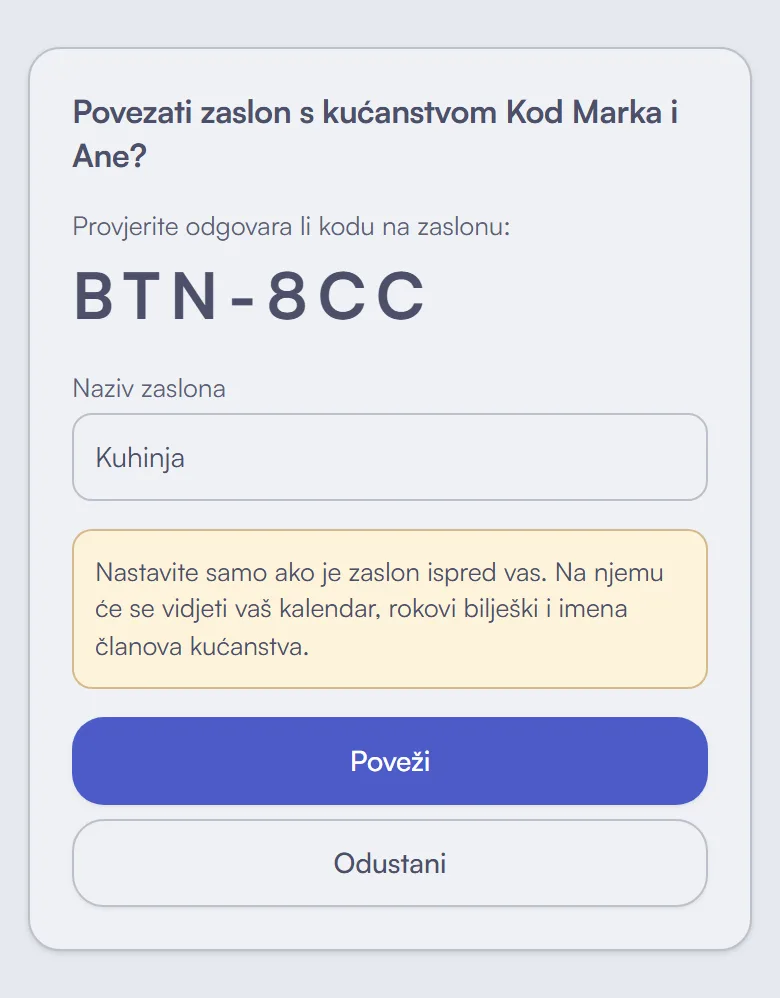 Mobitel prikazuje isti kod za provjeru, naziv zaslona i tipku Poveži.