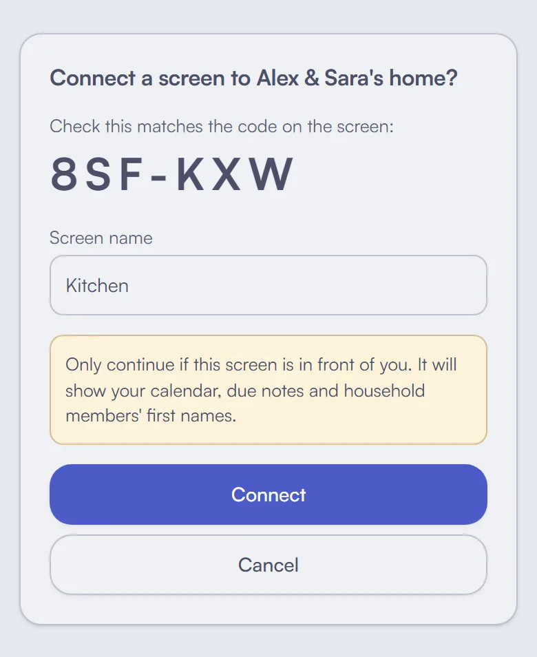 The phone shows the same code to check, a name for the screen and a Connect button.