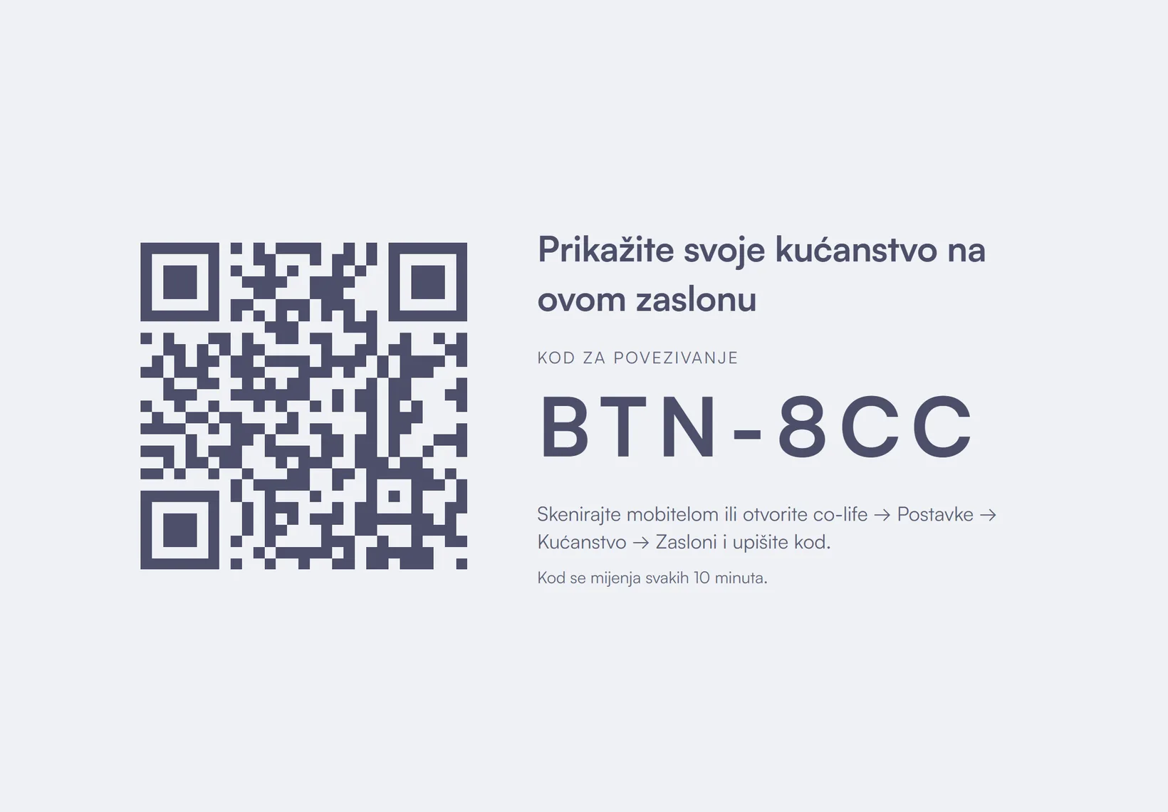 Zaslon za povezivanje na tabletu: QR kod i kod od šest znakova koji potvrđujete na mobitelu.