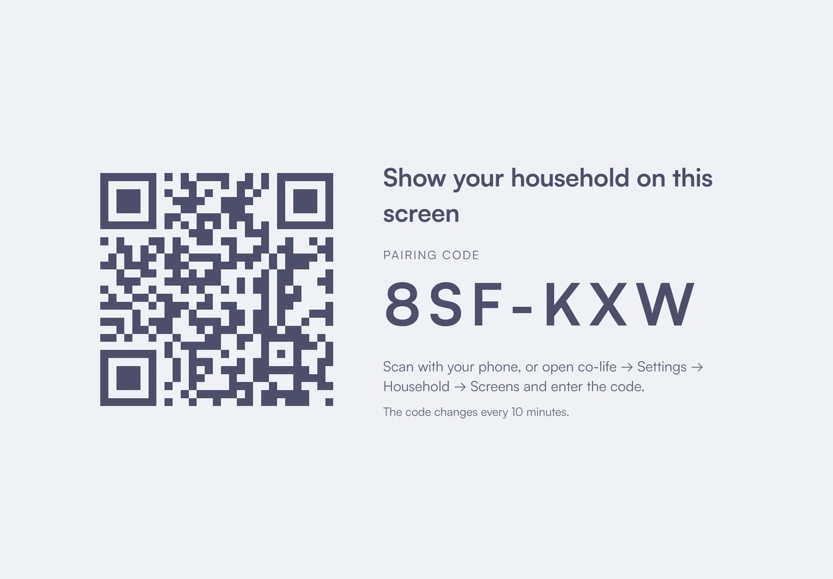 The tablet's pairing screen: a QR code and a six-character code to confirm on your phone.