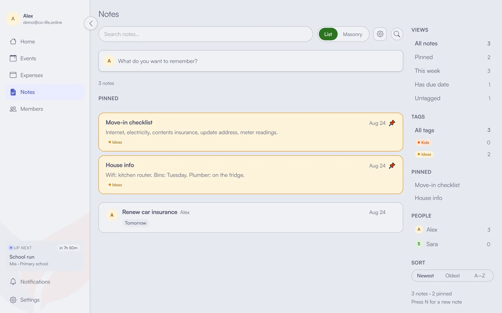 A shared notes list with pinned notes, tags, and a due date.