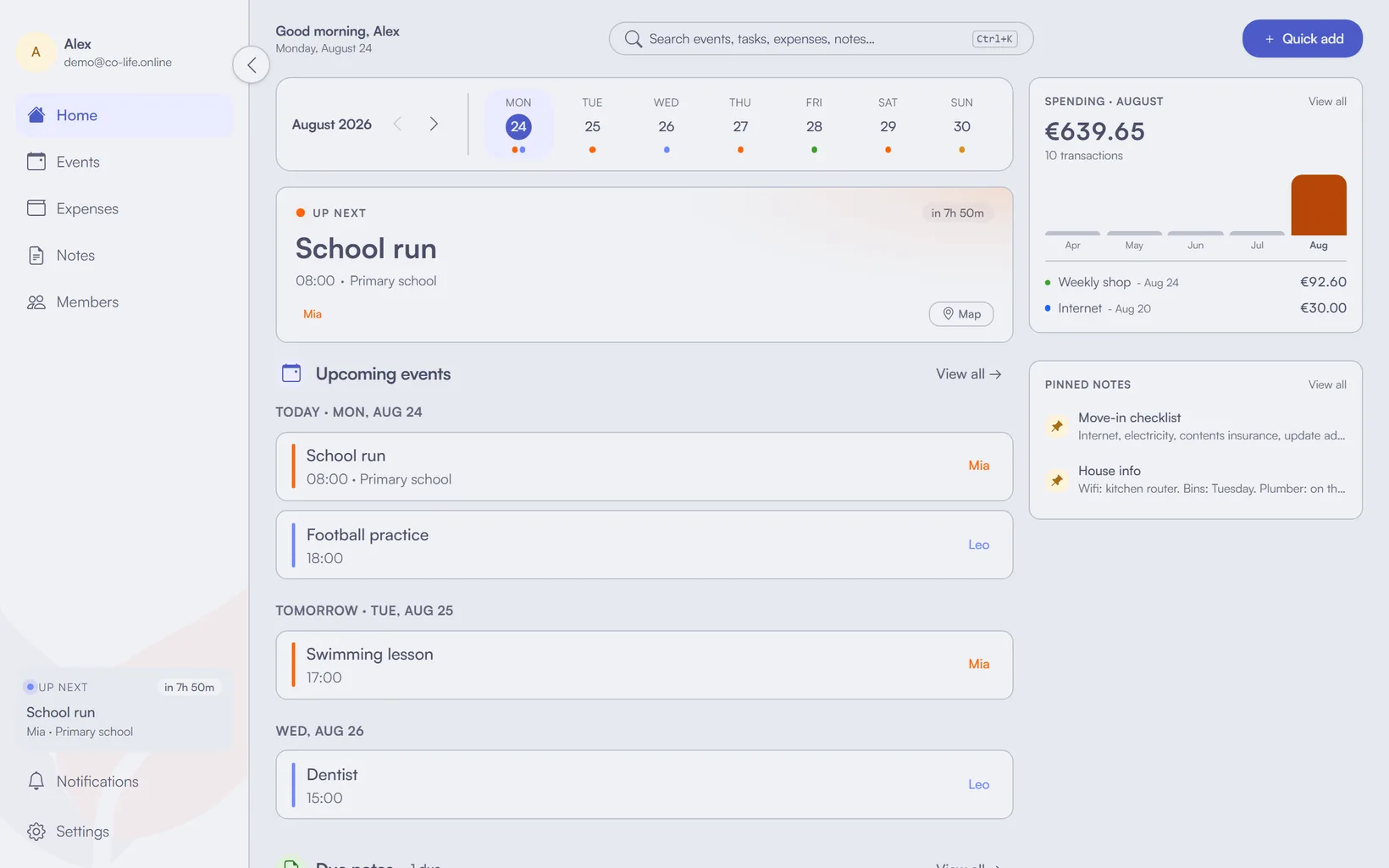 A shared household dashboard showing the week ahead, this month's spending, and pinned notes in one place.