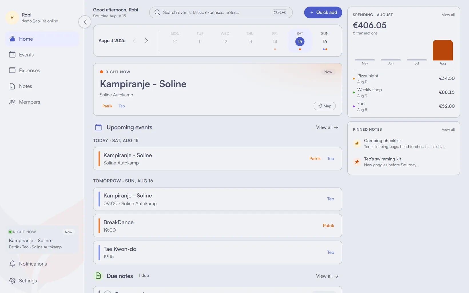The co-life dashboard with today’s events, upcoming plans and household notes.
