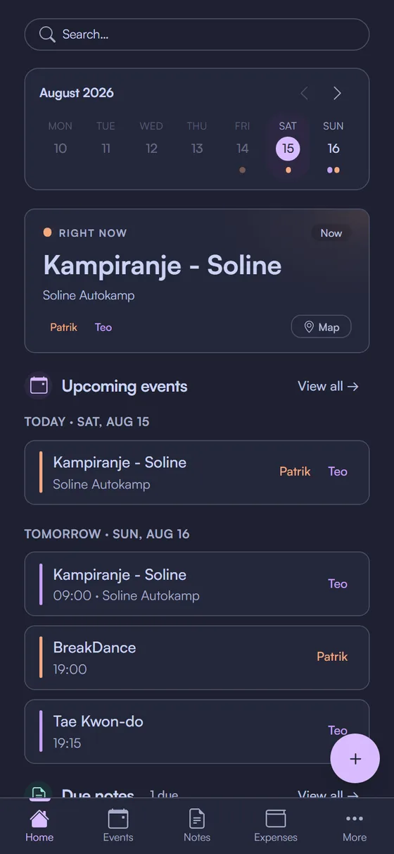 The co-life dashboard with today’s events, upcoming plans and household notes.